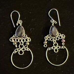 Elegant Silver  purple glass and iridescent, beads Dangle Earrings